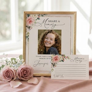 Dusty Rose Funeral Memory Sign, Share a Memory Table Sign & Cards, Floral Memorial Keepsake Printable #F21