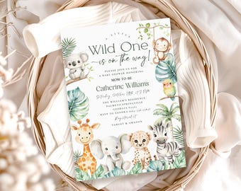 May include: A baby shower invitation with the text "A Little Wild One is on the way!" features watercolor illustrations of jungle animals, including a giraffe, elephant, cheetah, and zebra. The invitation is decorated with tropical leaves and a monkey.