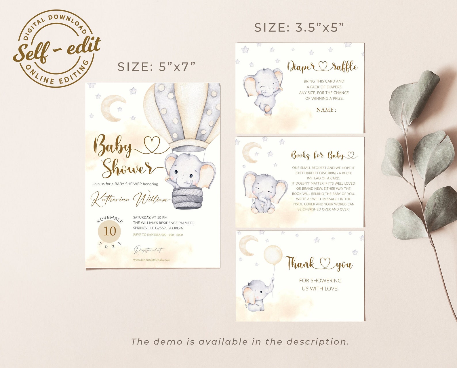Editable Hot Air Balloons Elephant Baby Shower Invitation Template ...