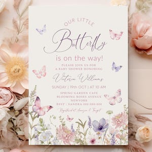 Editable Butterfly Baby Shower Invitation, Purple Butterfly Invite Template, Butterfly Baby Shower Girl, Butterflies and Flowers Pink