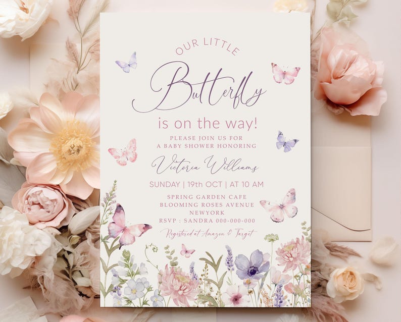 Editable Butterfly Baby Shower Invitation, Purple Butterfly Invite Template, Butterfly Baby Shower Girl, Butterflies and Flowers Pink