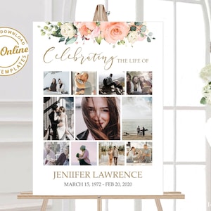May include: A white memorial sign with a floral design at the top. The sign has a collage of nine photos of a person. The text reads "Celebrating the life of Jeniiifer Lawrence March 15, 1972 - Feb 20, 2020".