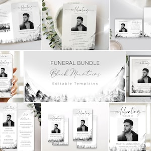 Editable Funeral Bundle Template Simple Black and White Nature Celebration of Life Bundle Printable In Loving Memory Package Suite #F63