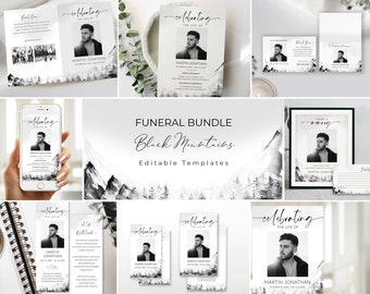 Editable Funeral Bundle Template Simple Black and White Nature Celebration of Life Bundle Printable In Loving Memory Package Suite #F63