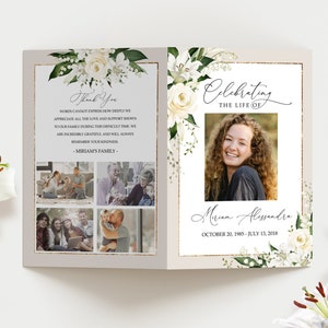 Puede incluir: Una tarjeta de condolencias floral blanca con borde dorado. La tarjeta presenta una foto de una mujer y un collage de fotos familiares. El texto en la tarjeta dice "Celebrando la vida de Miriam Alessandre 20 de octubre de 1985 - 13 de julio de 2018".