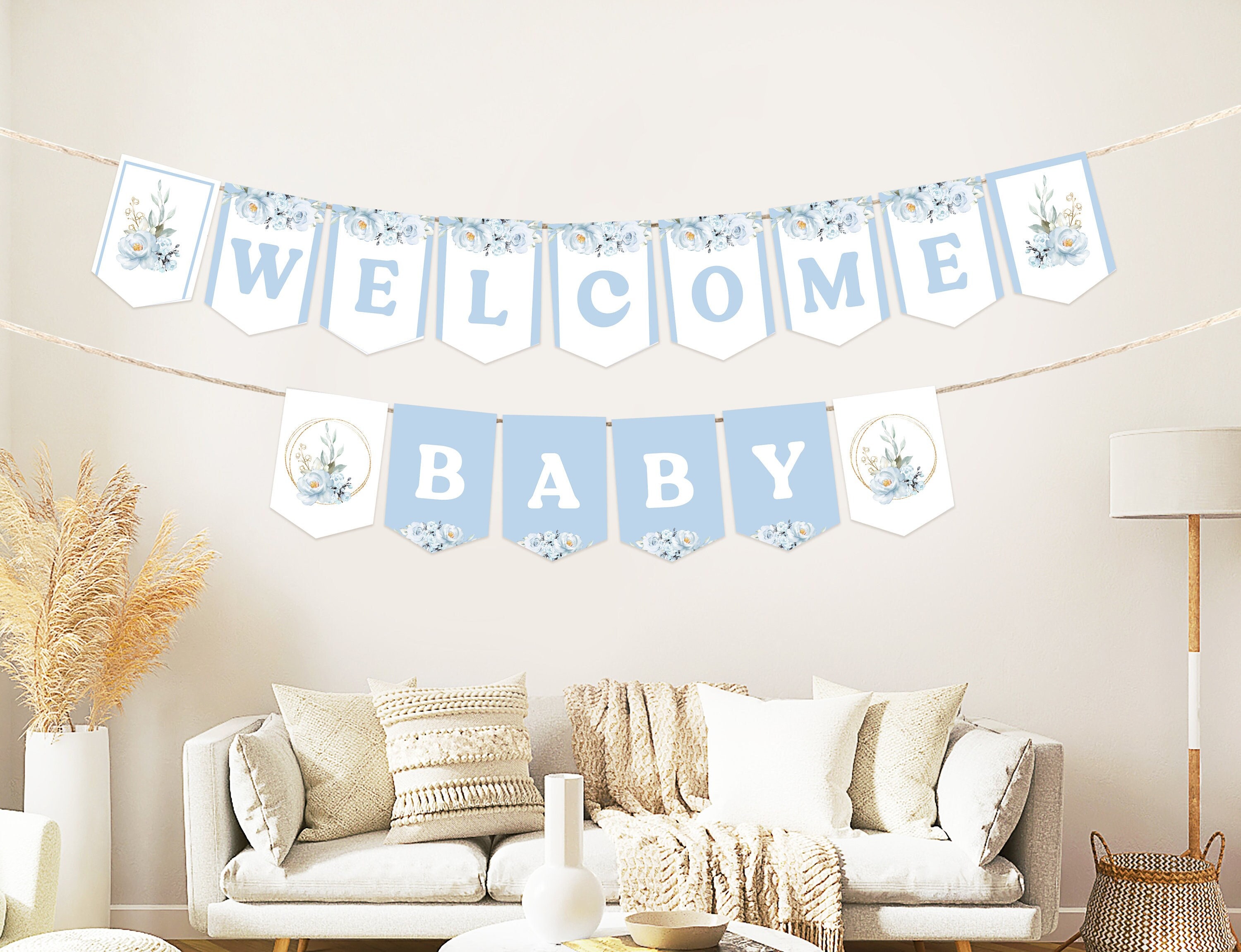 Baby Shower Pennant Banner Template Dusty Blue Rose, Baby Shower ...
