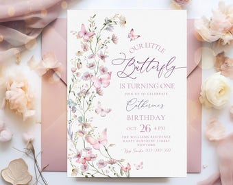 Bearbeitbarer Schmetterling 1. Geburtstagseinladung, Wildblumenerster Geburtstag Laden Verzauberte Garten-Geburtstags-Einladung Wunderlicher Geburtstag BD104 ein
