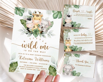 May include: Baby shower stationery set with a jungle animal theme. The invitation features a giraffe, zebra, and elephant. Additional cards include a diaper raffle, books for baby, and thank you cards. The text reads "A little wild one is on the way."