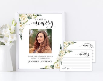 Witte roos Share A Memory Card & Sign Funeral Memory Card Afdrukbare Share A Memory Card, begrafenis geheugenkaart bloemen witte bloem #f15