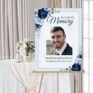 Editable Funeral Welcome Sign Memorial Sign Template Blue Roses Funeral Sign Poster Memorial Service Sign In Loving Memory #F38