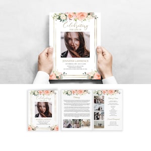 Plantilla editable para programa funerario con rosas naranjas y melocotón, programa floral para servicio conmemorativo, programa de obituario, plegable, 8,5" x 11", tamaño carta F32