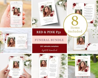 Editable Funeral Bundle Template Red Pink Blush Roses Watercolor Floral Celebration of Life Bundle Printable In Loving Memory Package #F31
