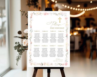 May include: A white wedding seating chart with a floral border and gold accents. The chart lists tables 1 through 8 with guest names. The text "Please Find Your Seat" is at the top of the chart.