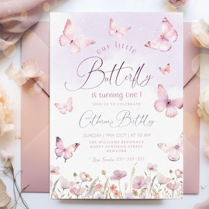 Editable Pink Butterfly Birthday Invitation, Girls Birthday Invite, Garden Butterfly Theme Butterfly Party Invitation Instant Download BD103