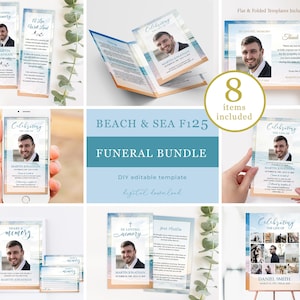 May include: A digital download of a funeral template bundle with a beach and sea theme. The bundle includes 8 items, including a funeral program, memorial card, thank you card, and a share a memory card. The template is editable and includes a photo of a person on a beach.