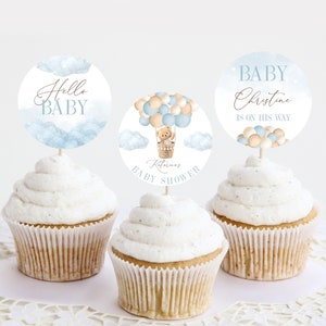 Bearbeitbarer Bär Blauer Heißluftballon-Babyparty-Cupcake-Topper, Blaue Babyparty-Cupcake-Topper, sofortiger Download, digitale Vorlage #BB53