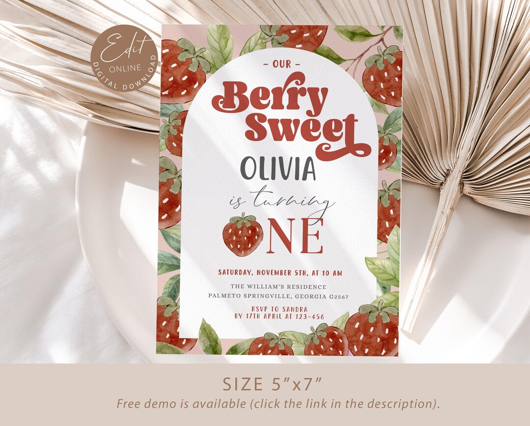 Editable Berry First Strawberry Girl Birthday Invitation, Red ...