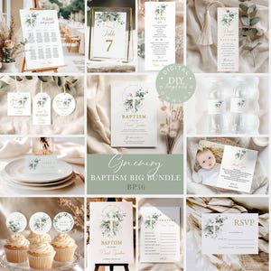 Pode incluir: Uma coleção de artigos de papelaria para batismo com tema de vegetação. Inclui números de mesa, menus, cartões de lugar, etiquetas, toppers de cupcake e cartões de convite. Os textos "Batismo" e "RSVP" são visíveis. O pacote é rotulado como "Greenery Baptism Big Bundle BP36".
