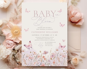 Girls Baby in Bloom Invitation, Wildflowers Baby Shower Invitation, Purple Pink Flower Invite, Wild Flower Invite, Floral Butterflies #BB179