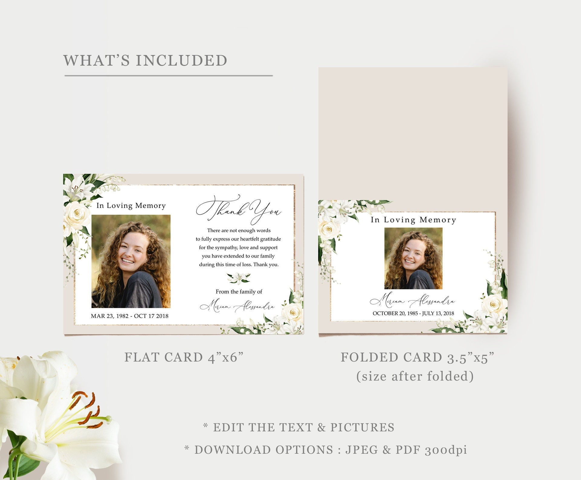 Funeral Thank You Card Template White Lily Roses, Editable Sympathy ...