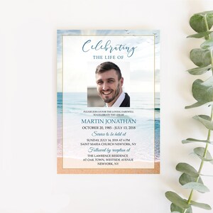 Modèle d'invitation aux funérailles pour homme Invitation célébration de la vie plage bleu ciel à imprimer pour service commémoratif #F125