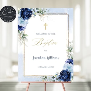 Editable Blue Rose Baptism Welcome Sign Template, First Communion, Baptism Welcome Sign, Baby Blue Christening Baby Boy Baptism Sign #BP21