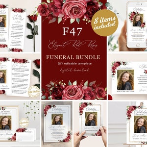 May include: A funeral bundle with 8 items, including a memorial card, a thank you card, a program, a share a memory card, and a celebration of life card. The cards feature a burgundy floral design with red roses and greenery. The text on the cards reads "Celebrating the Life of", "In Loving Memory", "Thank You", and "Share a Memory".