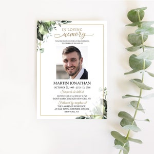 Modèle modifiable de faire-part pour les funérailles de verdure vert dans les invitations de mémoire d'amour, invitation nécrologique, invitation pour homme et femme # F116
