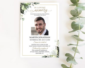 Editable Greenery Funeral Invitation Green Funeral Announcement Template In Loving Memory Invitations Obituary Invite For man & women #F116