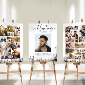 SET Funeral Sign Collage Templates, Mountain Theme Funeral Photo Collage, Celebration of Life, Easel Display Memorial Poster, #F63C
