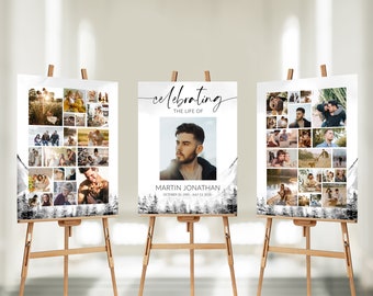 SET Funeral Sign Collage Templates, Mountain Theme Funeral Photo Collage, Celebration of Life, Easel Display Memorial Poster, #F63C