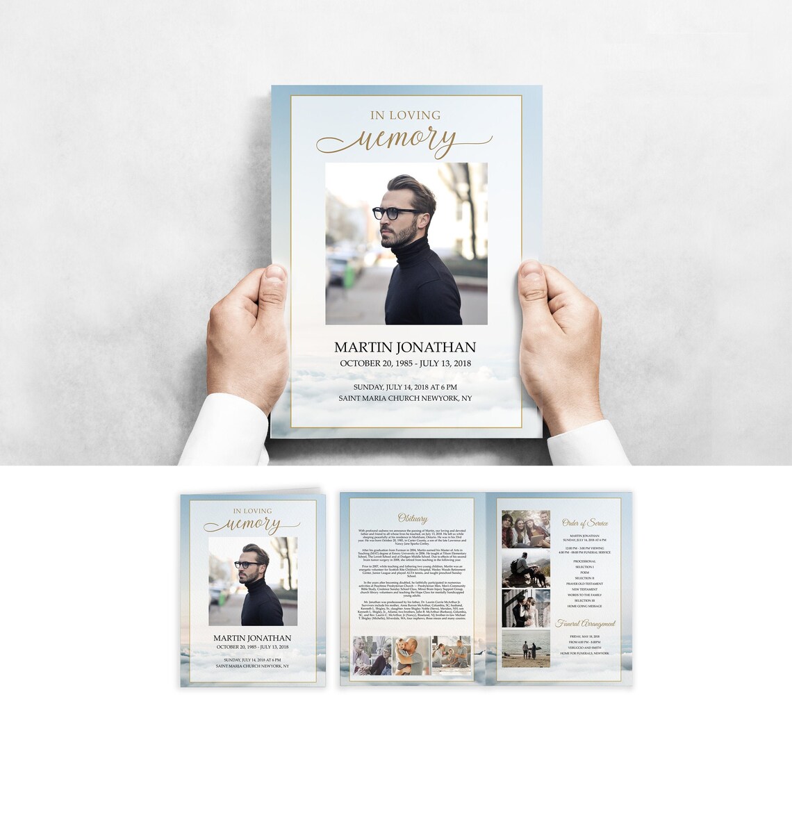 Large Bifold Program Letter Bi-fold Funeral Program Template Blue Sky Heaven, Large Memorial ...