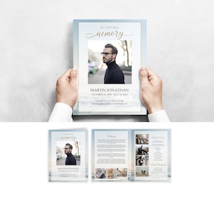 Plantilla de programa funerario plegable de carta cielo azul cielo, programa de servicio conmemorativo grande, programa de obituario tamaño de carta plegable 8.5x11" F118