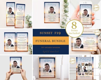 Sunset Beach Funeral Bundle Template Celebration of Life Bundle Printable In Loving Memory Package Suite #F19