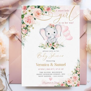 Editable Elephant Baby Shower Invitation Template, Blush Pink Rose Baby Shower Girl Baby Elephant Invite Printable Instant Download  #BB136