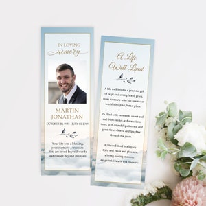 Marcador de funeral editable, plantilla de marcador de tarjeta de oración personalizada de Blue Sky, recuerdo conmemorativo, favores de funeral, marcador editable, #F118