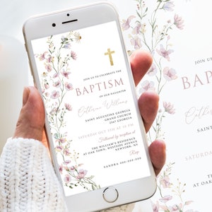 Convite de batismo de menina Evite editável, convite de batismo de flores silvestres, convite de batismo eletrônico, batismo minimalista de bebê, batismo floral BP56