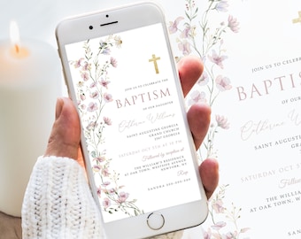 Editable Evite Girl Baptism Invitation, Wildflower Baptism Invitation , Christening E-vite, minimalist Baby Christening, Floral Baptism BP56