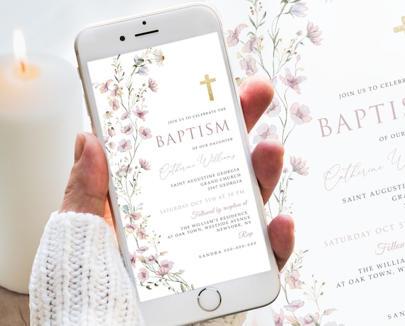 Editable Evite Girl Baptism Invitation, Wildflower Baptism Invitation , Christening E-vite, minimalist Baby Christening, Floral Baptism BP56