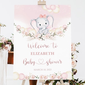 Elephant Baby Shower Welcome Sign Pink Floral Elephant Baby Shower Welcome Poster Floral Elephant Baby Shower Pink Elephant, Baby Girl BB257