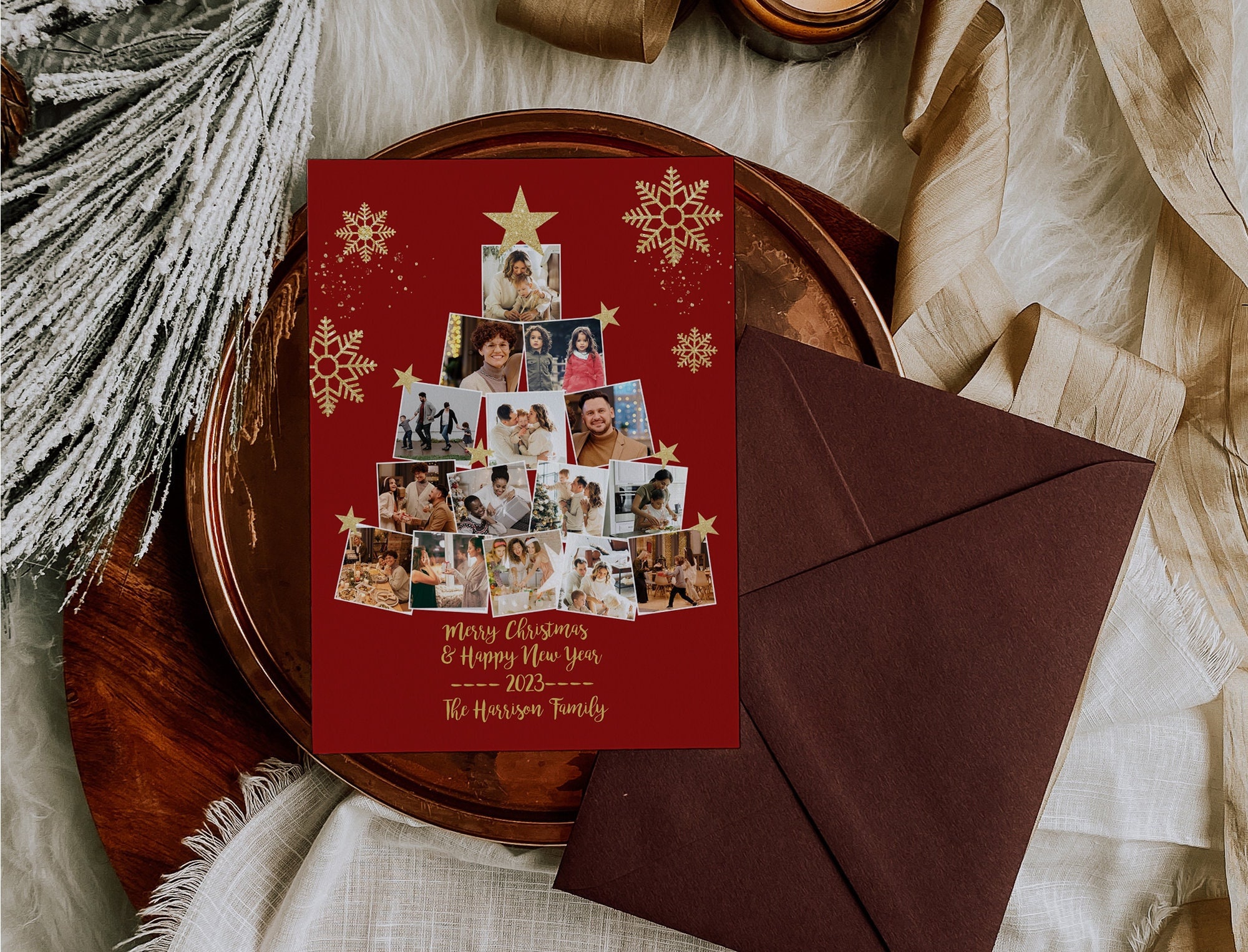 Tree Photo Cards Merry Christmas Photo Collage Card Template, Christmas Card Corjl ...