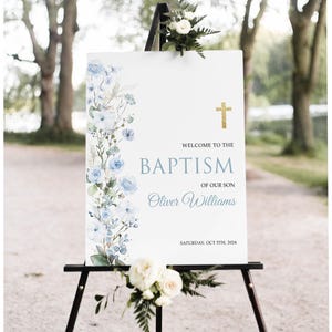 Plantilla editable de letrero de bienvenida para bautismo, póster de bautismo con rosas azules, neutral en cuanto al género, editable, descarga digital instantánea para imprimir, n.° BP151