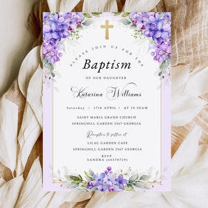 Modèle d'invitation de baptême, fleurs de lavande, modifiable, violet carte d'invitation de baptême imprimable, baptême de l'arche bohème, téléchargement immédiat, #BP3