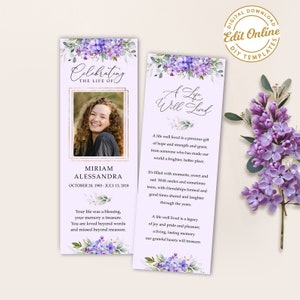 Modèle de marque-page funéraire fleur mauve marque-page commémoratif floral lilas souvenir funéraire marque-page funéraire imprimable carte funéraire #F42