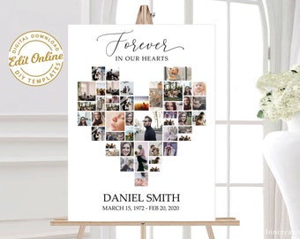 Modello di collage fotografico per cartello di benvenuto per funerale a forma di cuore, cartello per servizio commemorativo, celebrazione della vita, poster commemorativo per funerale, cartello funebre a forma di cuore #F33