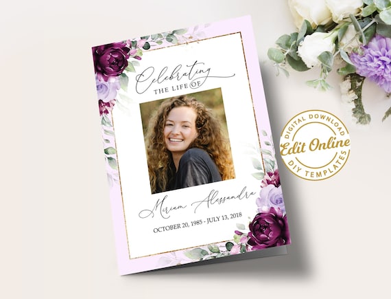 Editable Funeral Program Template, Purple Rose Memorial Service, Obituary Program, Order of Service Celebration life, Instant Download #F51