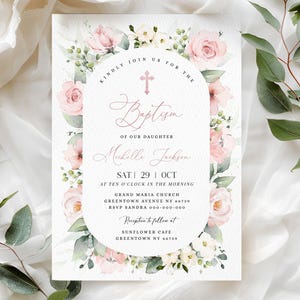 Modèle d'Invitation florale de baptême, faire-part baptême rose rose, téléchargement modifiable de baptême de bébé fille, carte de baptême imprimable, #BP167