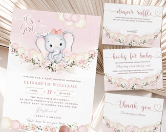 May include: Baby shower invitation and cards with a pink and white theme. The invitation features an elephant illustration with balloons and floral accents. Additional cards include a diaper raffle, books for baby, and thank you notes.