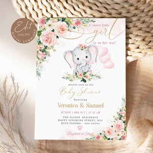 Editable Elephant Baby Shower Invitation Template, Blush Pink Rose Baby ...