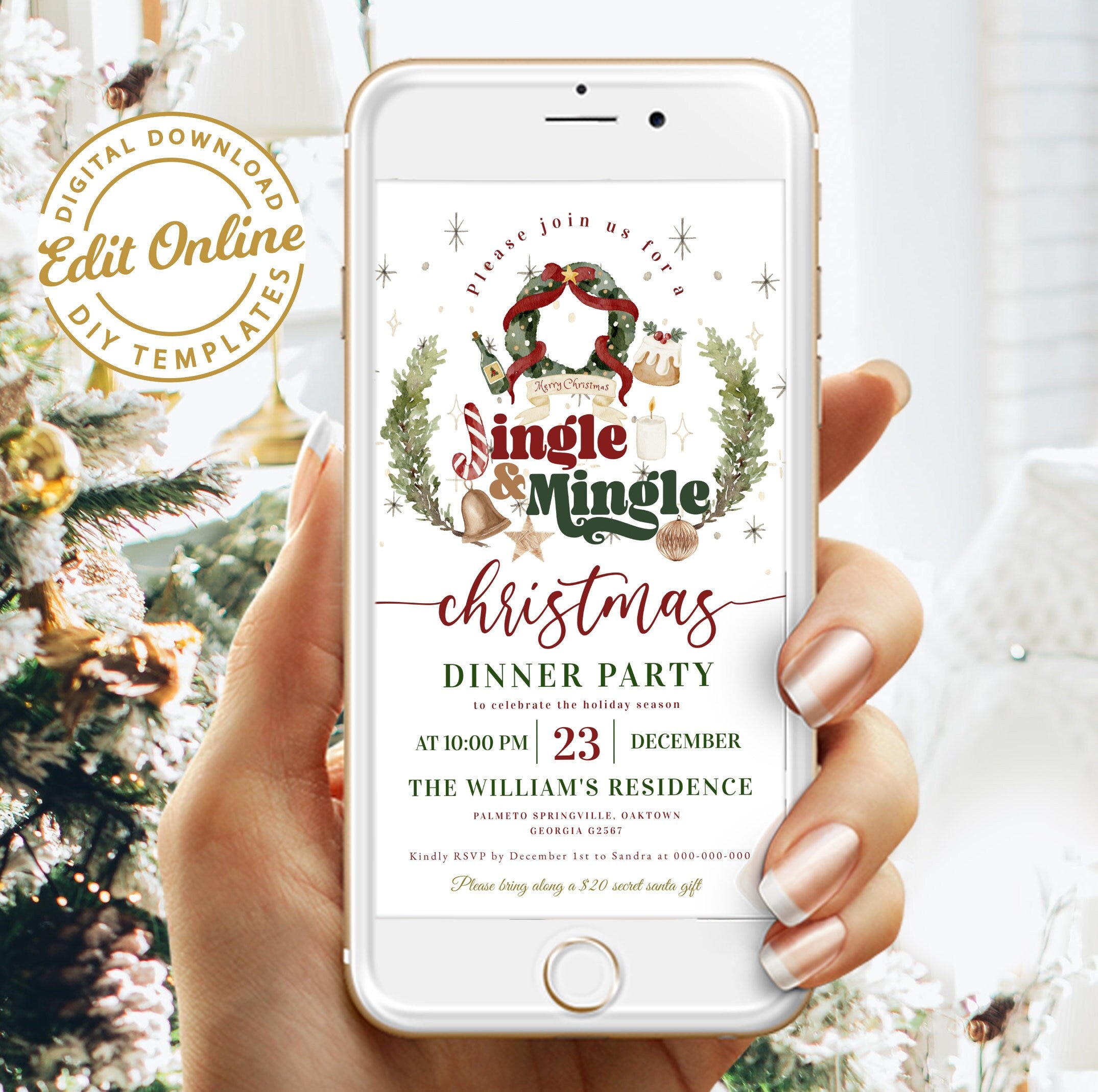 Editable EVITE Christmas Party Invitation Template, Jingle and Mingle  Christmas Party, Merry Christmas Card Smartphone Digital Invite, #CC39, image size:2150x2140